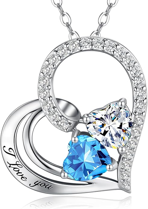 Double Birthstone Heart Necklace 0.8CT Dual-Gemstone S925 Sterling Silver Plated White Gold Engraved I Love You Perfect Anniversary/Valentine's Day Gift for Wife/Girlfriend/Mom/Daughter