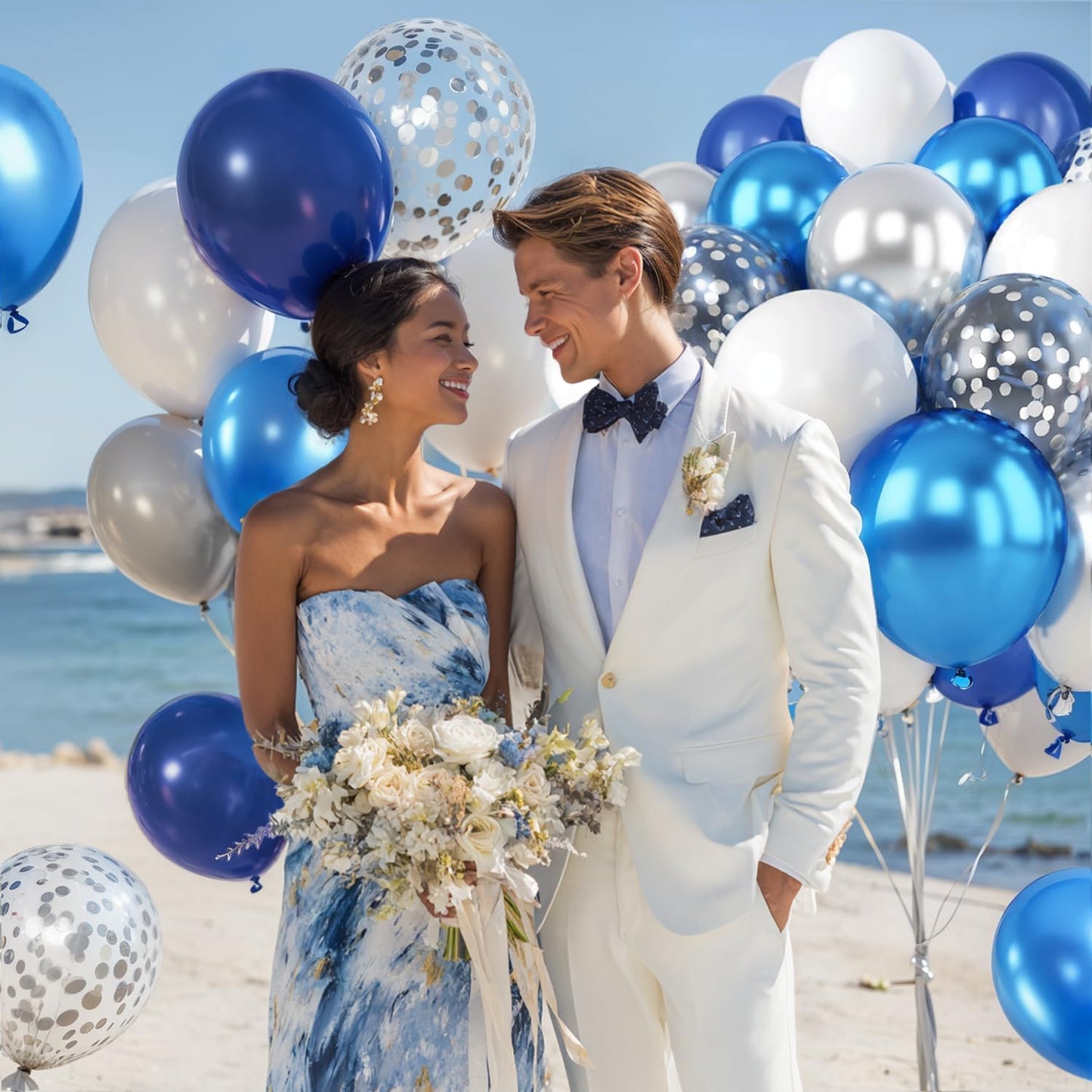 Blue White Silver Confetti Balloons, 50pcs 12 Inch Metallic Blue and Silver Balloons Clear White Confetti Latex Balloons for Birthday Wedding Anniversary Gender Revea Bridal Shower Party Decorations