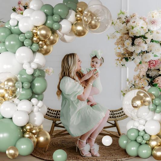 Sage Green Balloon Arch Kit 126 Pcs Neutral Green and White Metallic Gold Balloon Arch Garland Kit for Wedding Birthday Baby Shower Gender Reveal Bridal Decorations