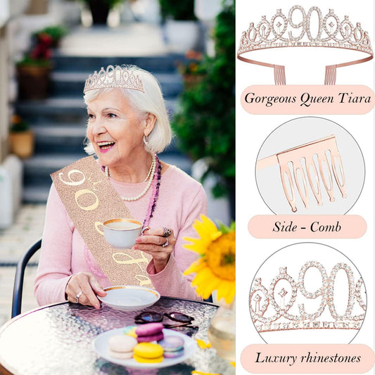 90th Birthday Decorations Gifts for Women, Including 90 year old Birthday Cake Topper, Queen Sash with Pearl Pin, Sweet Rhinestone Tiara Crown, Number Candles and Balloons Set, Rose Gold