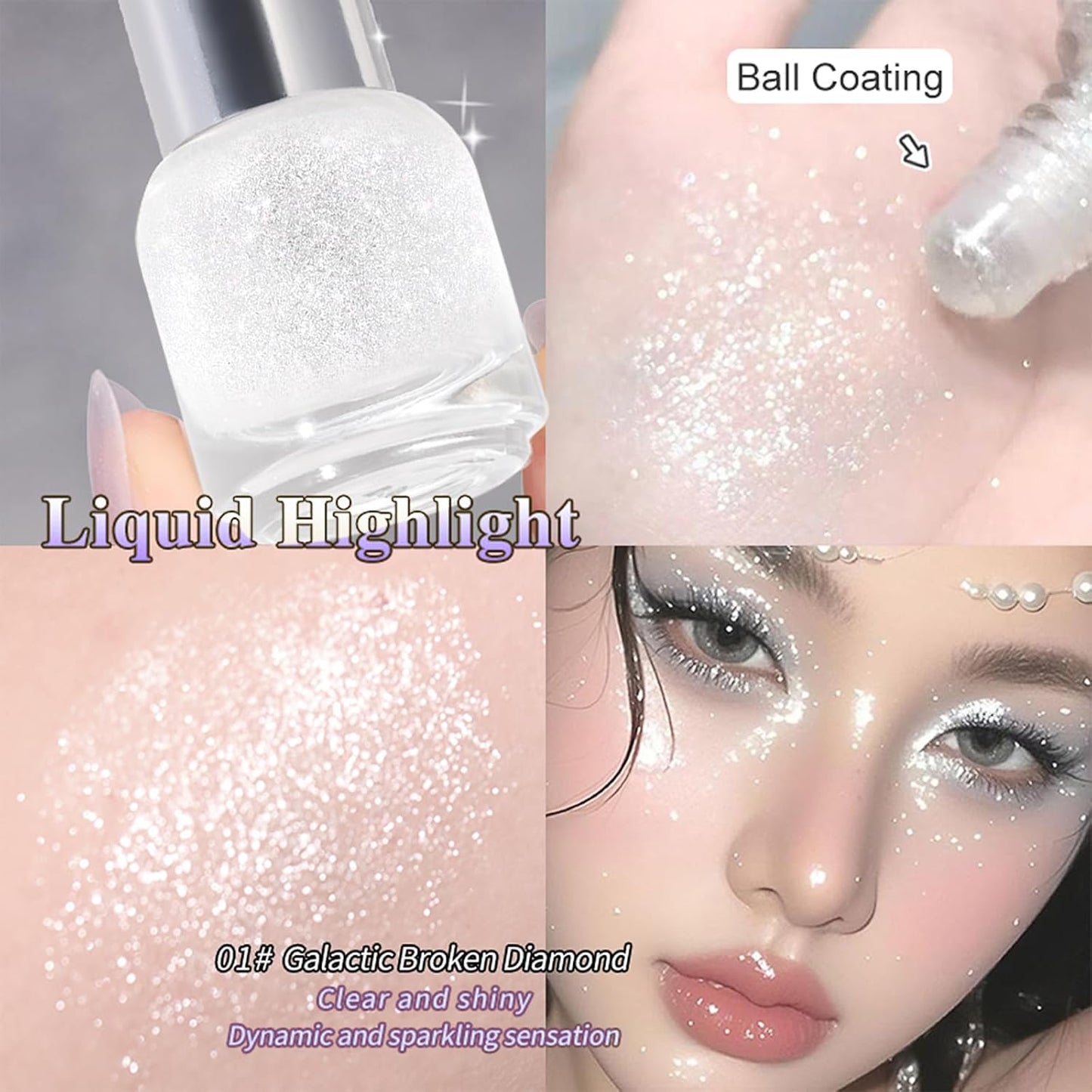 Diamond Roll On Liquid Highlighter for Radiant Glow, Watery-glowing Texture Shimmer Glow Face Luminizer, Long-Lasting Rollaway Body Glitter Makeup for Festival, Party & Daily Glow