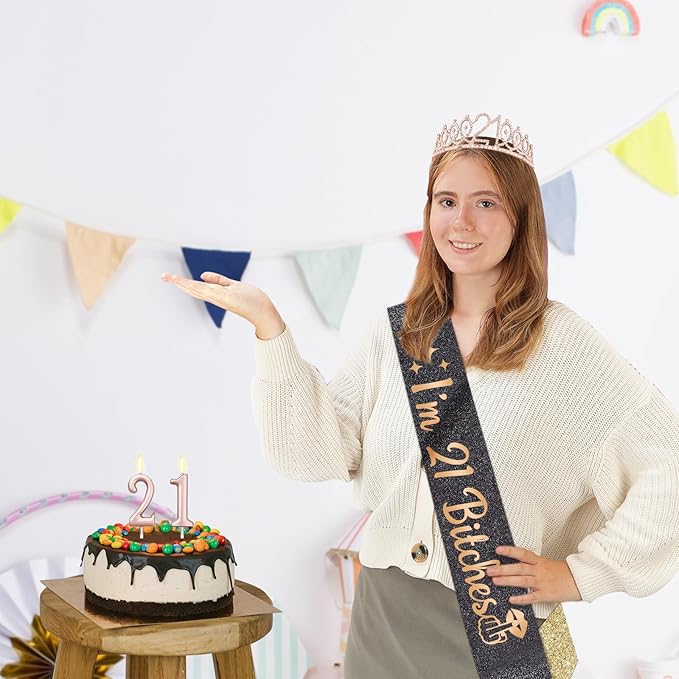 21st Birthday Decorations for Her with I'm 21 Bitches Sash and Tiara Rose Gold, 21 Candles Rose Gold, 21 Year Old Gifts for Her