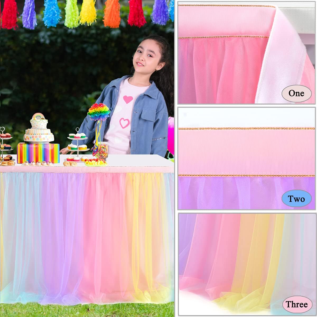 Suppromo 2 Pack 6ft Rainbow Table Skirt for Birthday Party Tulle Tutu Table Skirt for Baby Shower Girl Boy Gender Reveal Rainbow Tablecloth for Unicorn Party Decorations