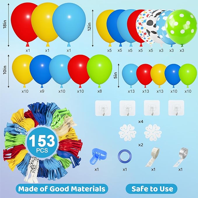 Amandir 152Pcs Blue Red Yellow Balloon Arch Garland Kit, Different Sizes 12 10 5 Cow Cloud Pattern Green Confetti Latex Balloons For Cartoon Theme Birthday Baby Shower Decorations