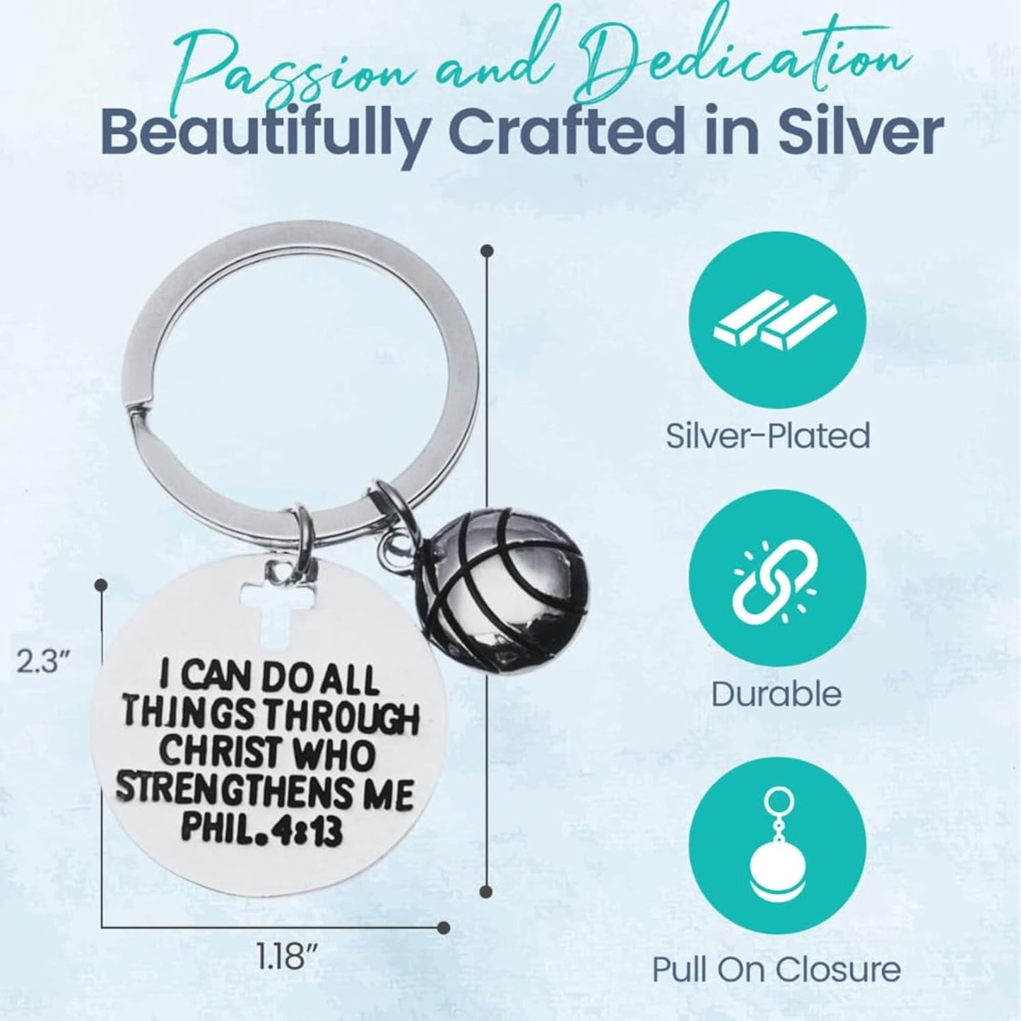 SportyBella Basketball Keychain I Can Do All Things Through Christ Phil 4:13 Engraved Faith Charm Gift for Basketball Players Fans
