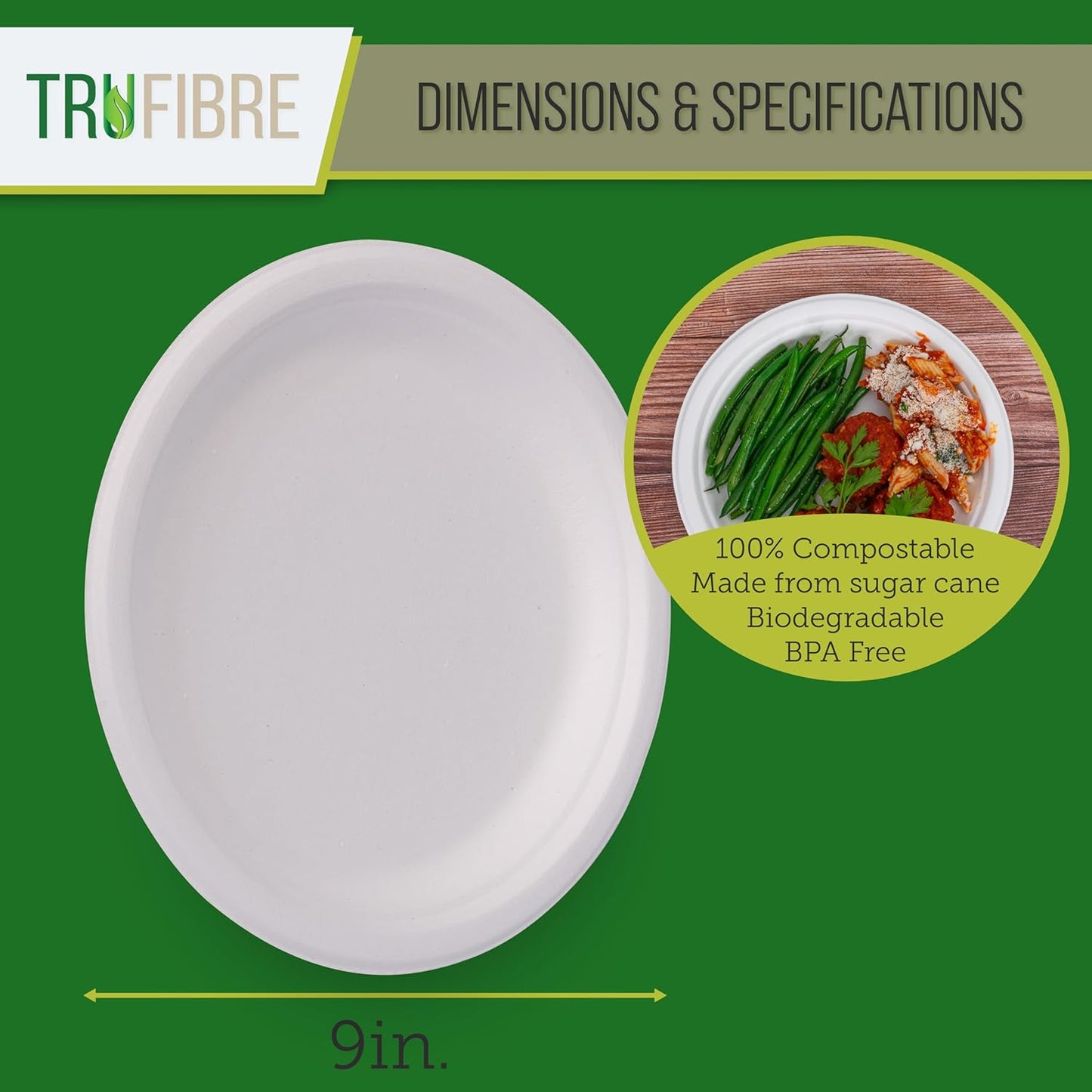 9-Inch 125-Pack Disposable Bagasse Paper Plates, Styro Foam Food Trays, Microwave Safe Meal Plates for Holidays, Party Favors & Events, Bulk