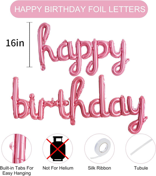 TONIFUL Pink Happy Birthday Balloons 16 Inch Pink Mylar Foil Script/Cursive Letters Balloons Sign Banner Reusable Material for Girls Boys Kids & Adults Birthday Decorations