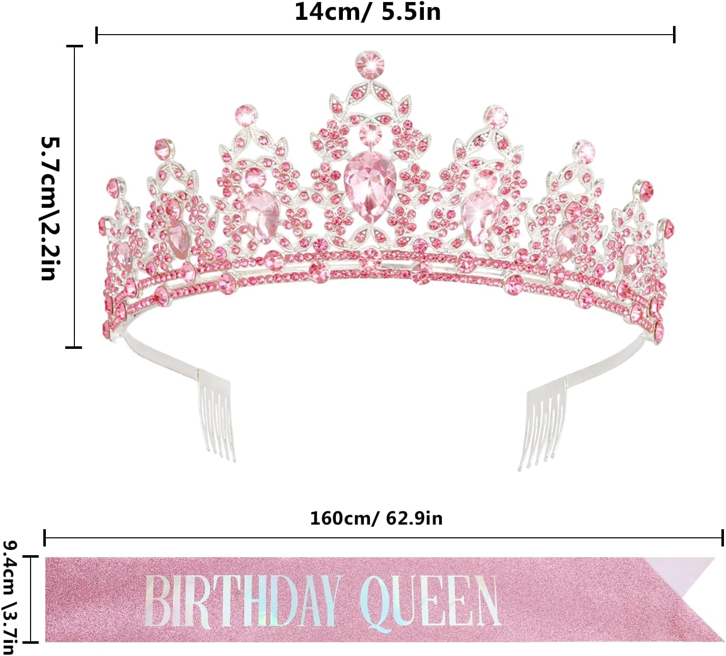 CAVETEE Pink Birthday Crown for Women， Birthday Queen Crown and Sash Pink Party Decorations for Women