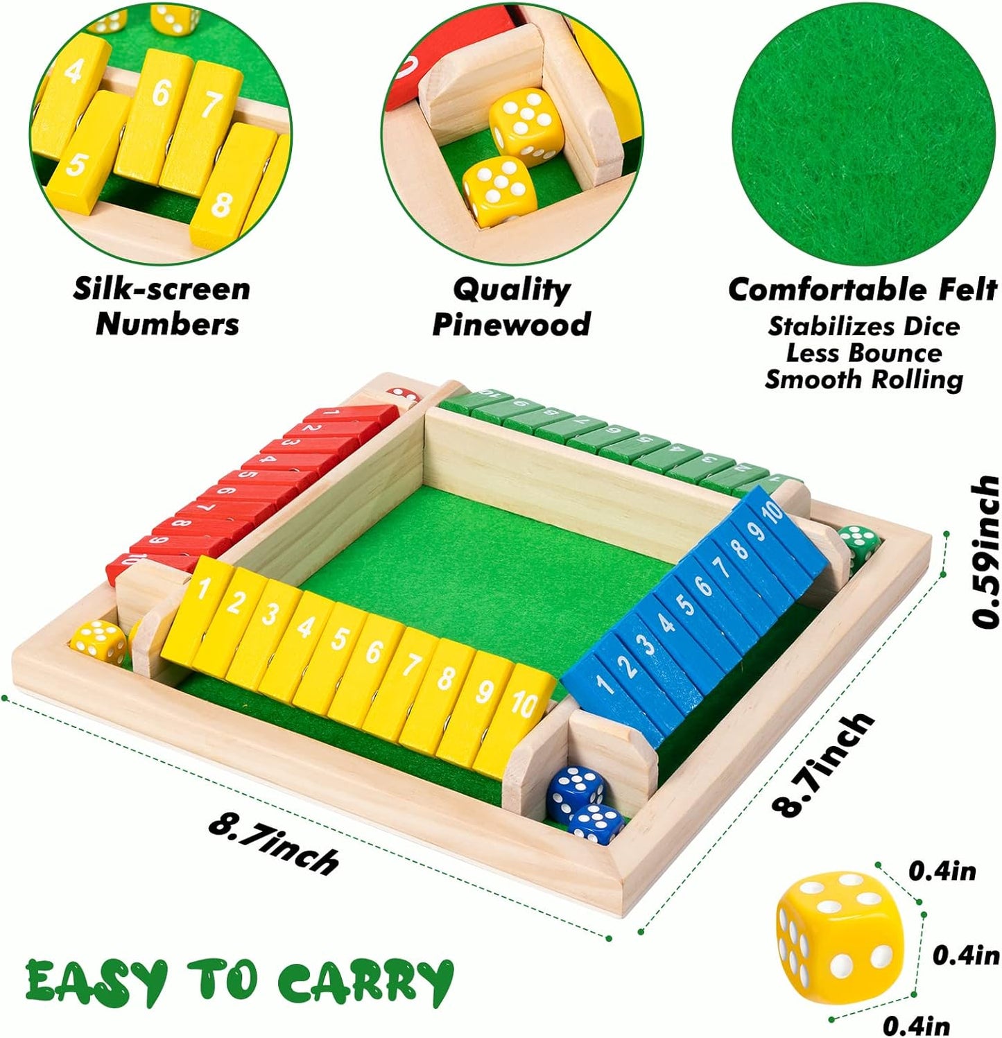 Shut The Box Dice Game,8 Dice 4 Players Wooden Board Table Math Skills Game with Drop it Game Instructions for Kids Adults Easy to Learn, Family and Friends Party (8 Inches Colorful)