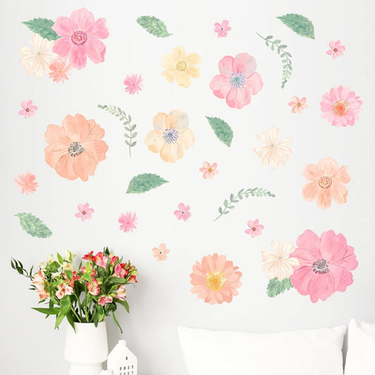 Mfault Watercolor Flower Wall Decals Stickers, Pink Poppy Floral Leaves Decorations Bedroom Art, Botanical Seasonal Home Living Room Kitchen Decor