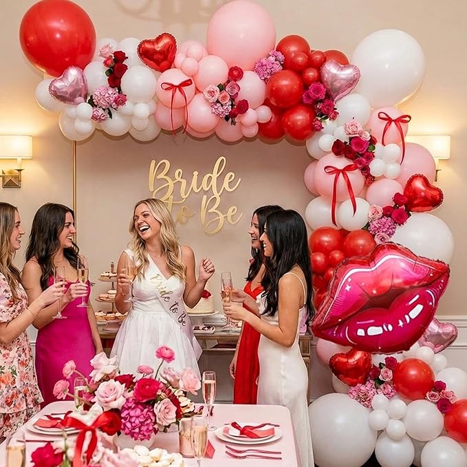 Galentine's Day Decoration Valentine's Day Balloon Arch Kit - 153Pcs White Pink Red Heart Balloons & Red Lip Foil Balloon Garland with Red Ribbon for Mother's Day, Wedding, Birthday Party Decorations