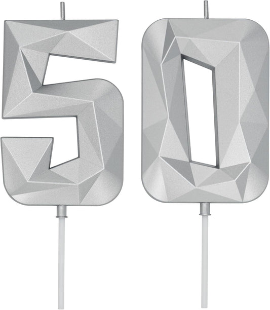 DERVENTA Birthday Candle Big Number 3D Silver 3.7 inch Party Celebration Anniversary Decoration Cake Topper 1 Piece (Number 50 Silver)