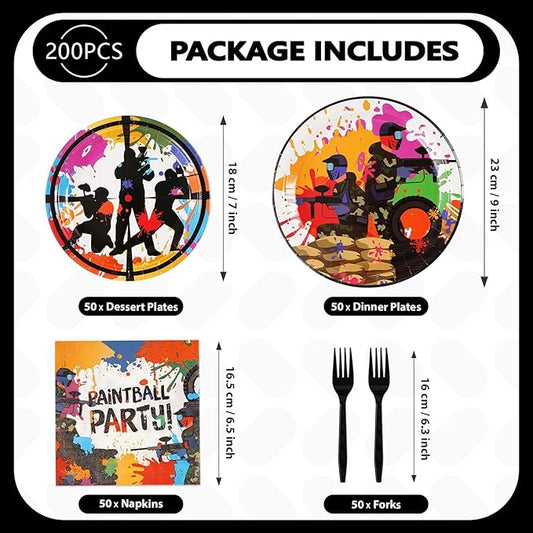 Grencian 200Pcs Paintball Party Supplies Paintball Neon Paper Plates and Napkins Paint Splatter Tableware Sets Paint Ball Gun Shooting for Kids Boys Holiday Birthday Party Supplies Serves 50