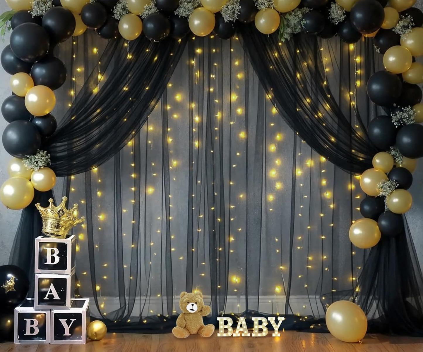 Black Tulle Backdrop Curtain with Lights String for Parites 20ft×8ft Black Sheer Backdrop Curtains for Baby Shower Wedding Bridal Shower Birthday Party Photo Shoot Decorations(4 Panels 5×8ft)