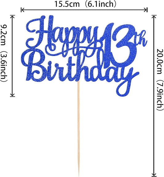 1 PCS Happy 13th Birthday Cake Topper Glitter Cheers to 13 Years Birthday Cake Pick Official Teenager 13 Fabulous Cake Decoration for Happy 13th Birthday Theme Party Decorations Supplies Blue