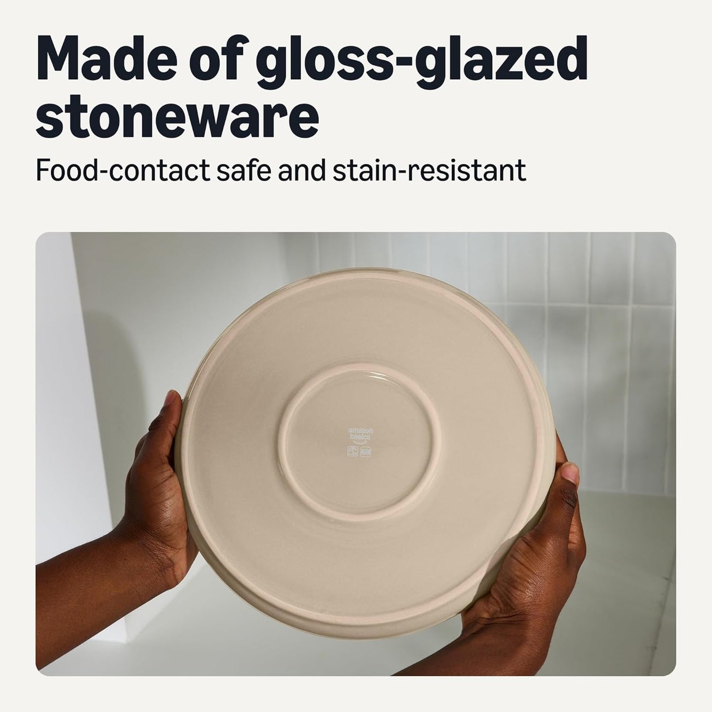 Amazon Basics Glazed Stoneware Dinner Plates, 4-Piece Set, Microwave and Dishwasher-Safe, 10.5 in., Linen Gray