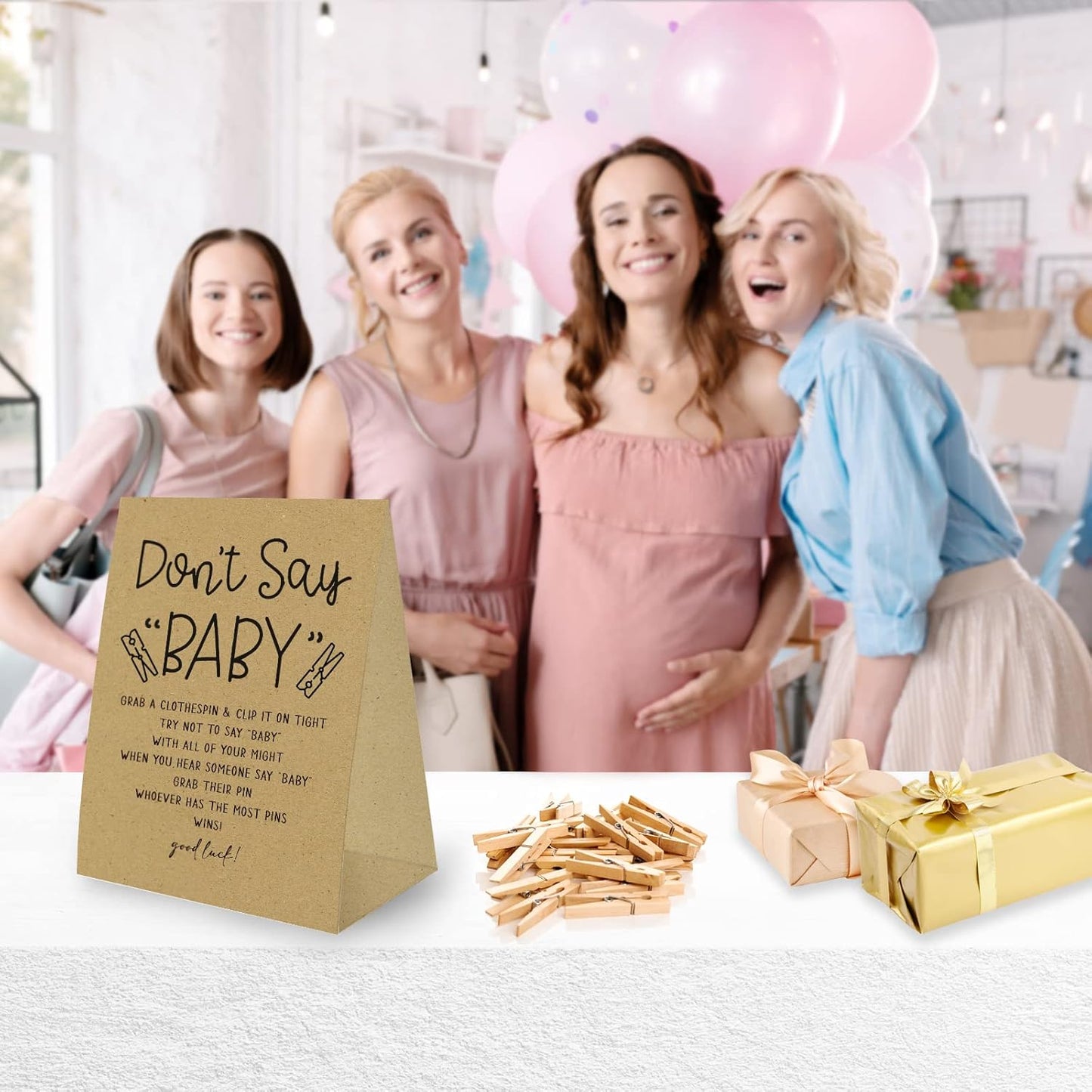 Don't Say Baby Game For Baby Shower Clothespin Game, One 5x7 Kraft Sign And 50 Natural Clothespins, Minimal Style, Gender Neutral -NDSBB03