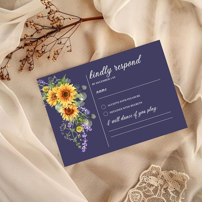 Preprinted Purple and Yellow Sunflower Wedding or Party RSVP Cards, Personalized Response Card Glossy Finish With White Envelopes, Set of 15 with Envelope, 5x3.5 inch Cards (Navy Blue)
