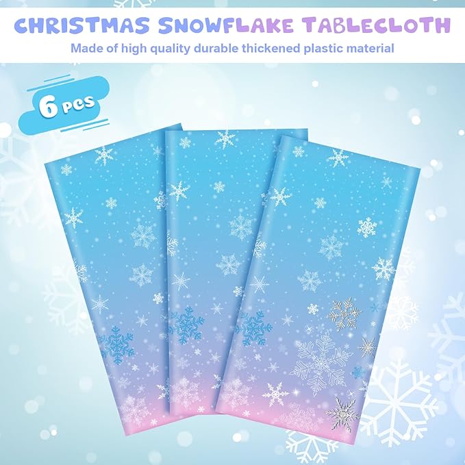 Buryeah 6 Pcs Winter Snowflake Disposable Tablecloth Decorations, Blue and Purple Wonderland Plastic Table Cover 54 x 108 Inch Christmas Dining Tablecloth for Winter Holiday Theme Party Supplies