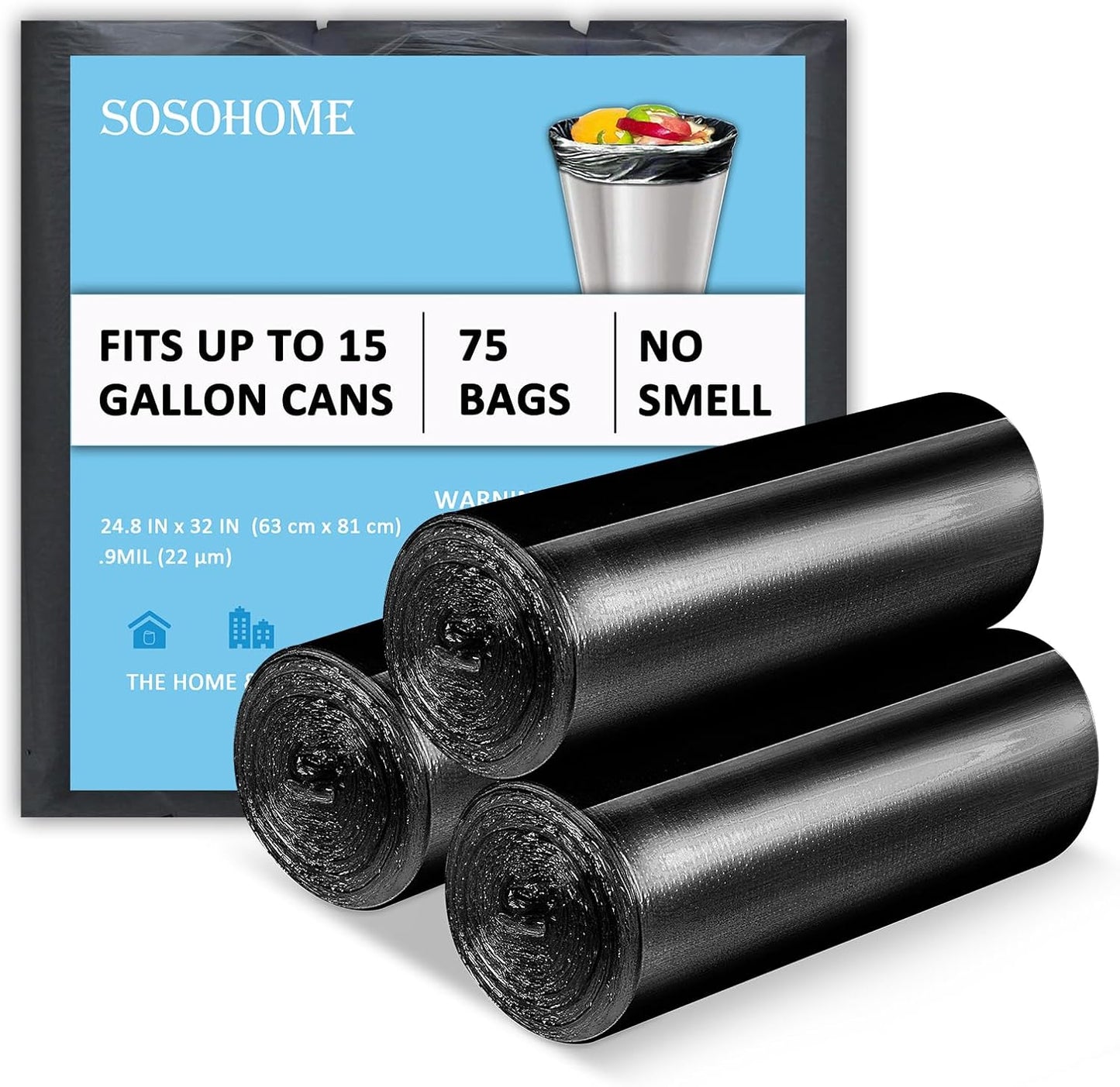 15 Gallon Black Trash Bags, 22 Micron Thick Tall Garbage Bags for Office Kitchen, 75 Count