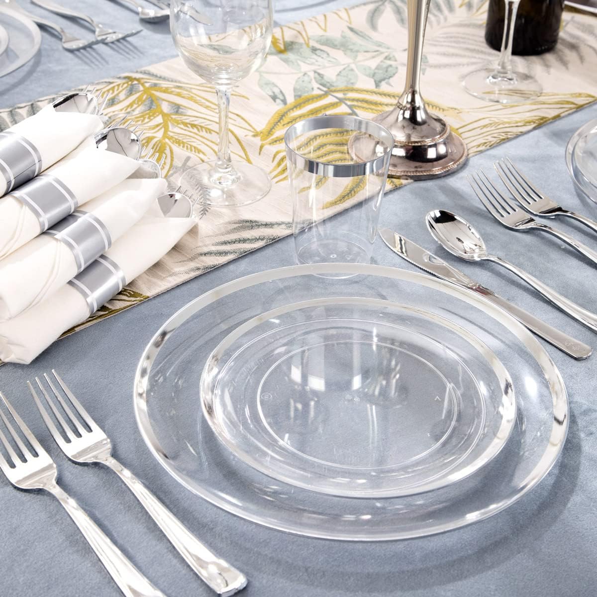 LIYH 210 Pcs Rolled Plastic Silverware Dinnerware Sets - Clear Disposable Heavyduty Plastic Disposable Plates for Wedding Party Silver Rimmed Cups 30 Guests