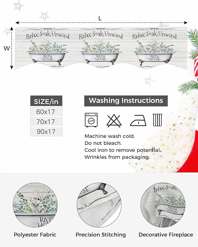 Bathtub Eucalyptus Leaves Fireplace Mantel Scarf Table Runner, Farmhouse Botanical Wooden Winter Garland Mantel Top Tablerunners Dresser Scarves Decorations for Windows Party Living Room 60''x17''