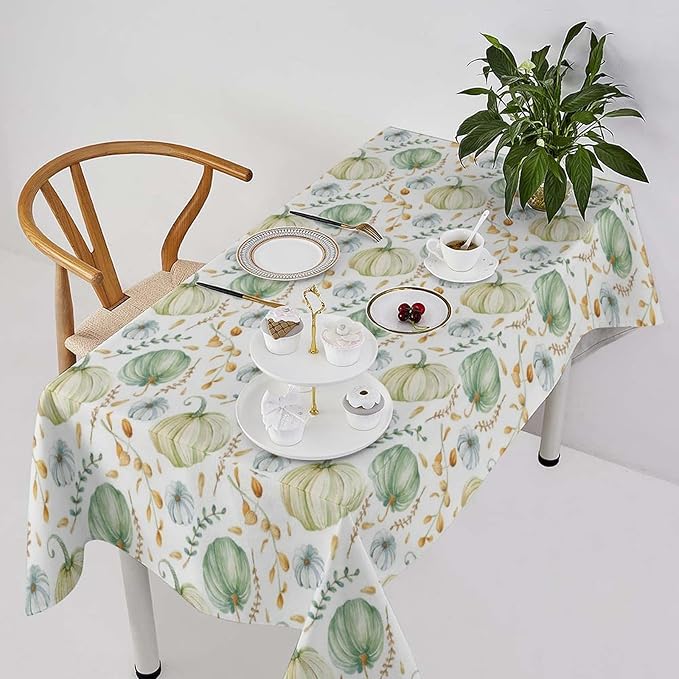 YCness Fall Tablecloth, Thanksgiving Autumn Harvest Watercolor Blue Green Pumpkin Orange Leaf Table Cover for Party Picnic Dinner 55x55 Inch Rectangle
