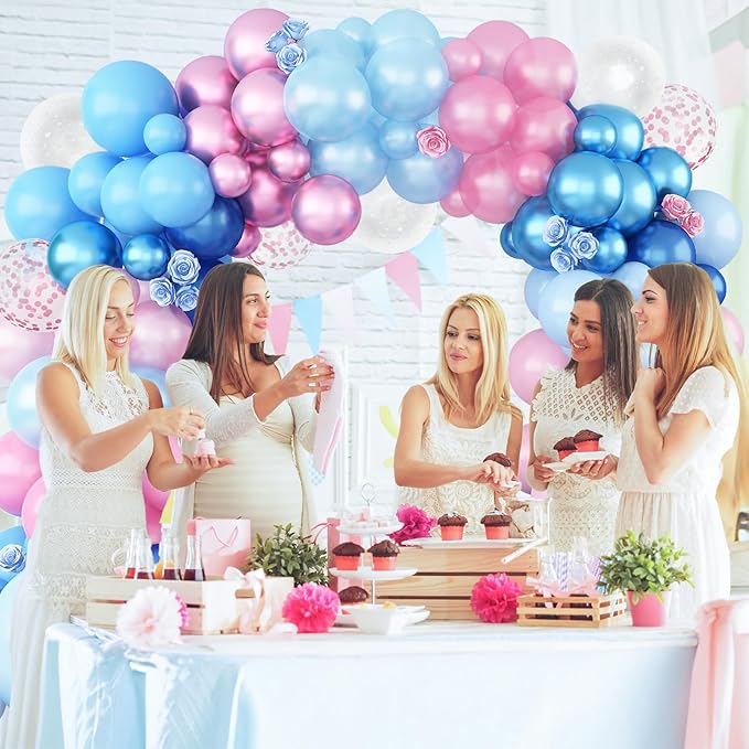 Gender Reveal Pink and Blue Balloons Set, 60 Piece 12 Inch Macaron Confetti Star Pattern Balloons with Ribbon for Birthday Wedding Baby Party Decorations
