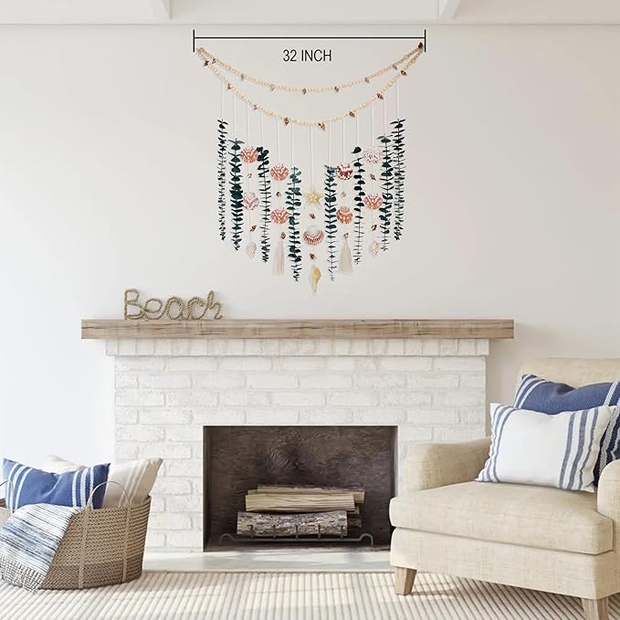 Genuine Eucalyptus Wall Decor with Natural Seashell Beach Decor Coastal Home Decorations with Fresh Eucalyptus Stems Hanging Wooden Bead Garland for Large Bedroom Bathroom Living Room 32 x 32 Inch