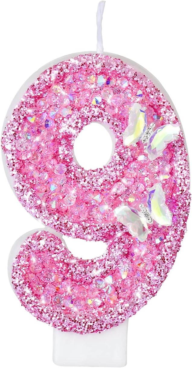 Birthday Candles, Number Candles for Birthday Cakes with Butterfly, Pink Birthday Candles Sparklers, 3.2" Cake Candles for Cake Topper Decoration, Party/Festival Celebration(Number 9)