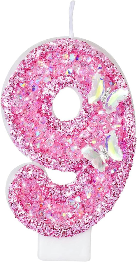 Birthday Candles, Number Candles for Birthday Cakes with Butterfly, Pink Birthday Candles Sparklers, 3.2" Cake Candles for Cake Topper Decoration, Party/Festival Celebration(Number 9)