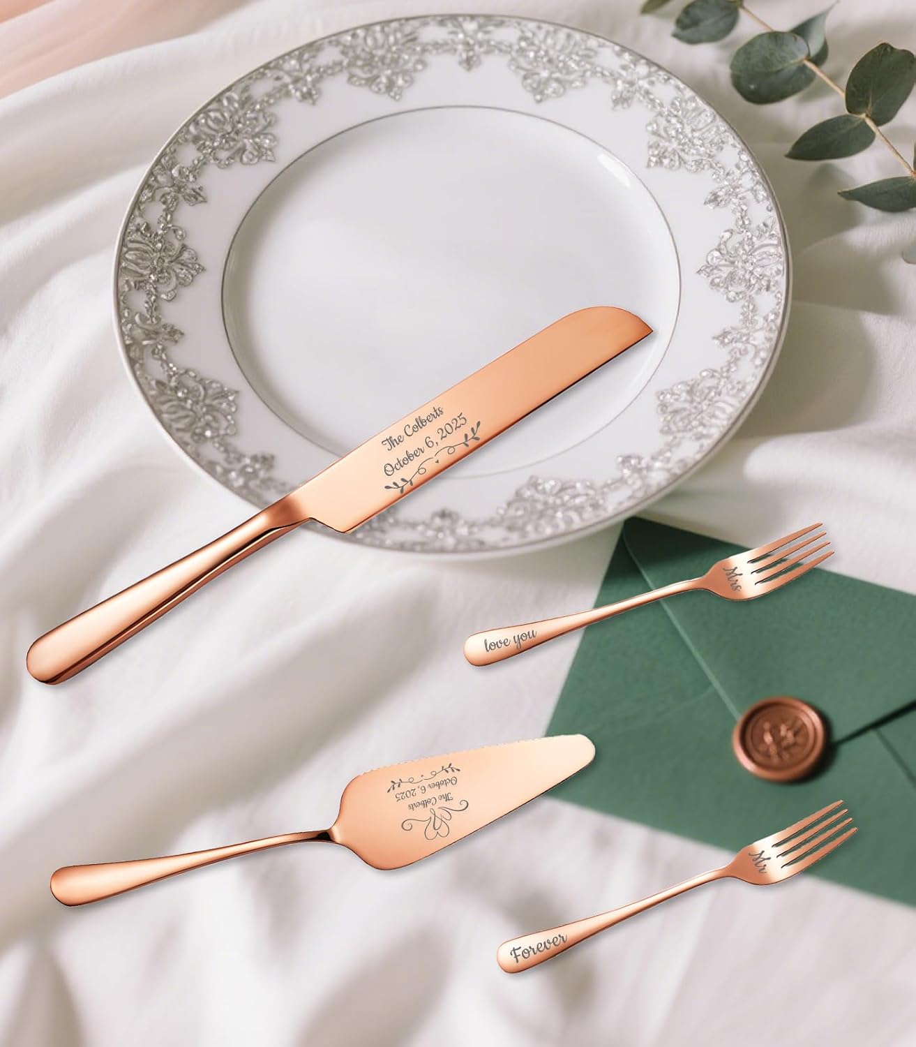 HJX Personalized Wedding Cake Knife and Server Set, Custom Names Cake Cutting Set, Customized Knife and Cake Server Set Gift for Bridal Anniversary Birthday Wedding Registry (Rose Gold)
