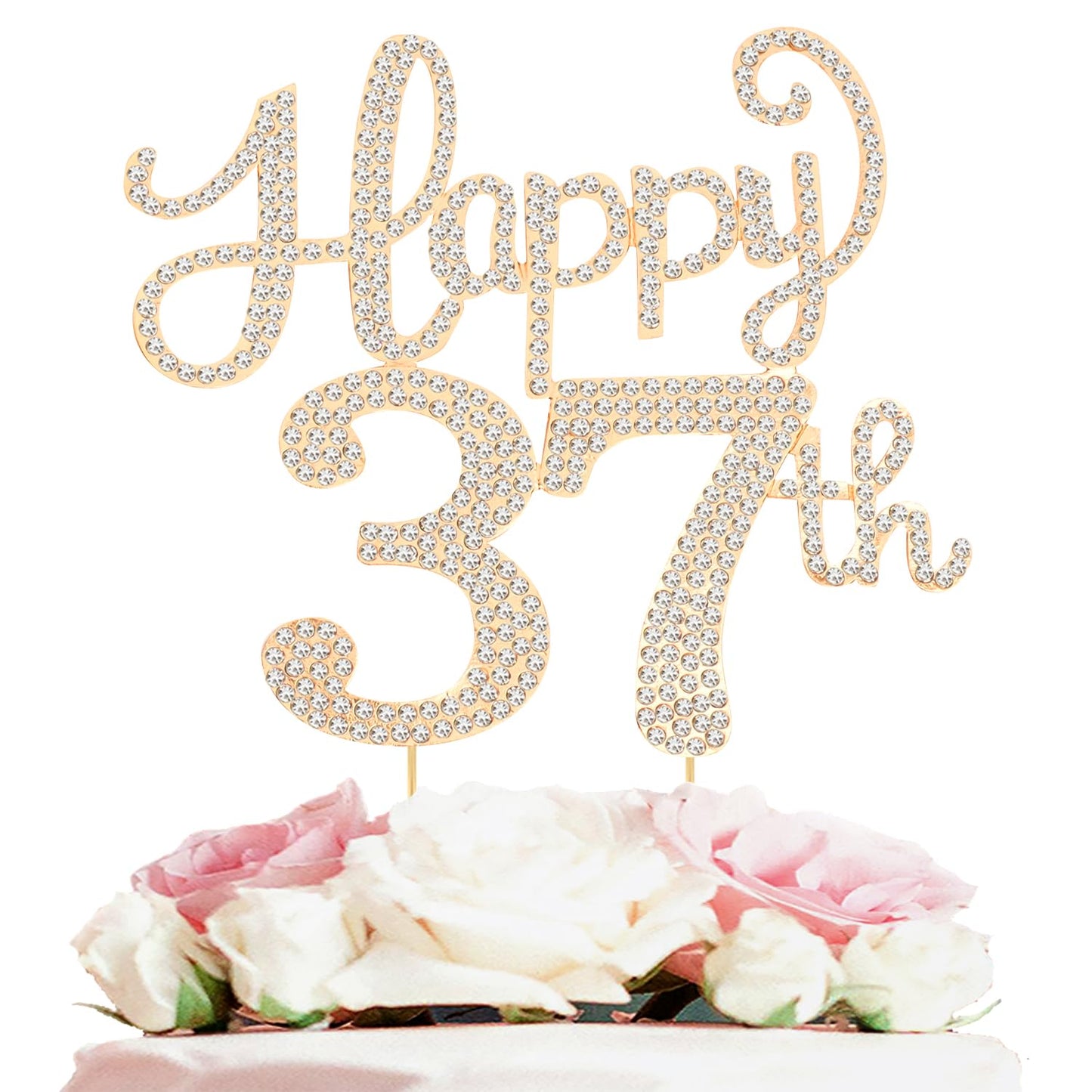 Happy 37th Birthday Decorations,37th Birthday Gold Rhinestone Cake Topper - Cheers to 37 Years Old Bday Party Metal Sparkly Cake Centerpieces Sign.