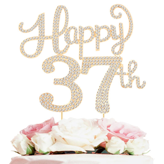 Happy 37th Birthday Decorations,37th Birthday Gold Rhinestone Cake Topper - Cheers to 37 Years Old Bday Party Metal Sparkly Cake Centerpieces Sign.