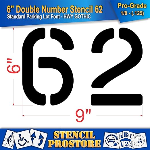 Pavement, Curb, and WheelStop Stencils - 6 inch Double Number Stencil - (62) - 6" x 9" x 1/8" (128 mil) - Pro-Grade