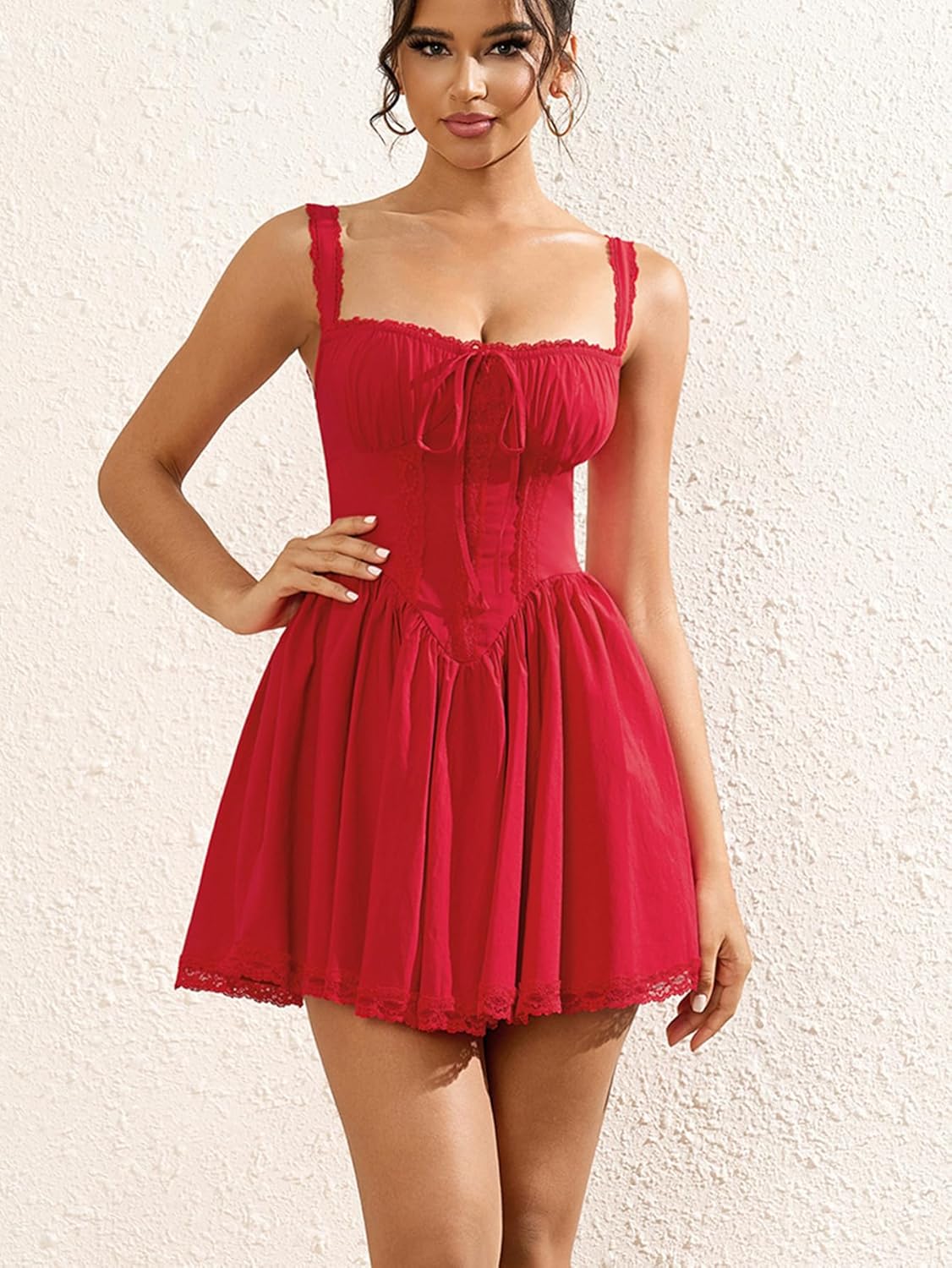 Womens Summer Mini Dress Square Neck Tie Front Lace Spliced Ruched Backless Casual Party Graduation Short Bodycon Dresses