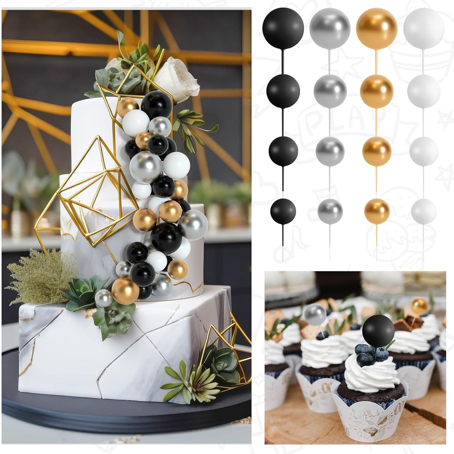 138 Pcs Black and Gold Balls Cake Topper Graduation Cake Decorations Balloon Cupcake Toppers Multisize Foam Cake Balls Decorations for Birthday Party Wedding Anniversary