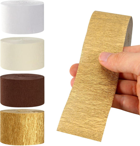 White-Brown Ivory-Gold Boho Party-Decorations Streamers - 8 Rolls Rustic Wedding Birthday Neutral Baby Bridal Shower Crepe Tissue Paper Streamer Bachelorette Engagement Garland Decor Panduola