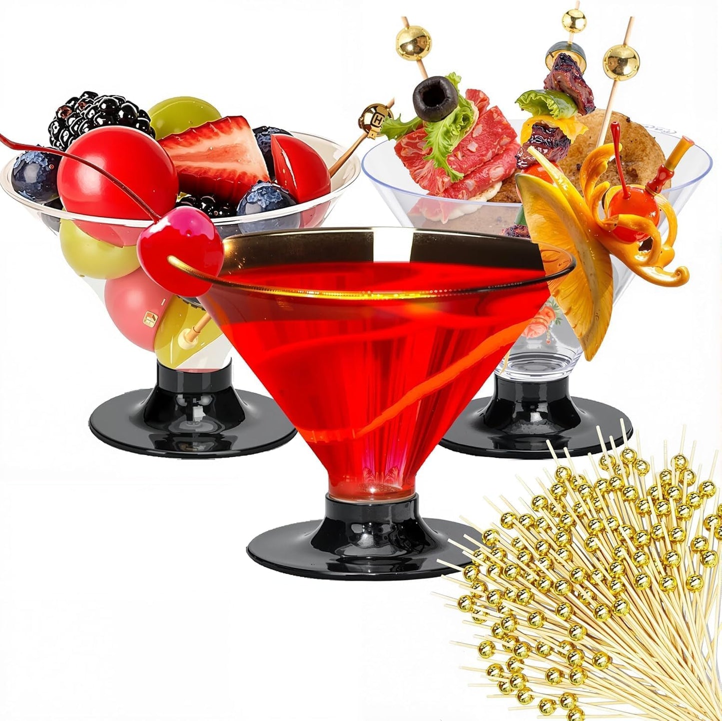 50 Clear Disposable Plastic Martini Glasses for Parties 5oz, with 100 Cocktail Picks Bundle, Martini Cups for Wine Ice Cream Fruit