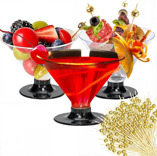 50 Clear Disposable Plastic Martini Glasses for Parties 5oz, with 100 Cocktail Picks Bundle, Martini Cups for Wine Ice Cream Fruit
