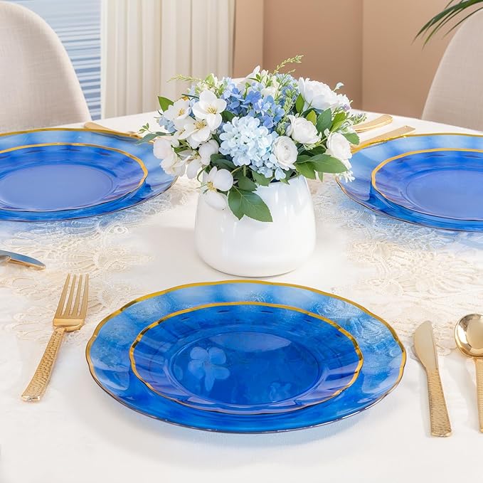 supernal 60pcs Blue Plastic Plates,Fancy Scalloped Plates Disposable Heavy Duty, Decorative Plate Wedding Disposable Dinnerware Include 30 Dessert & Dinner Plastic Plate for Party and Birthday