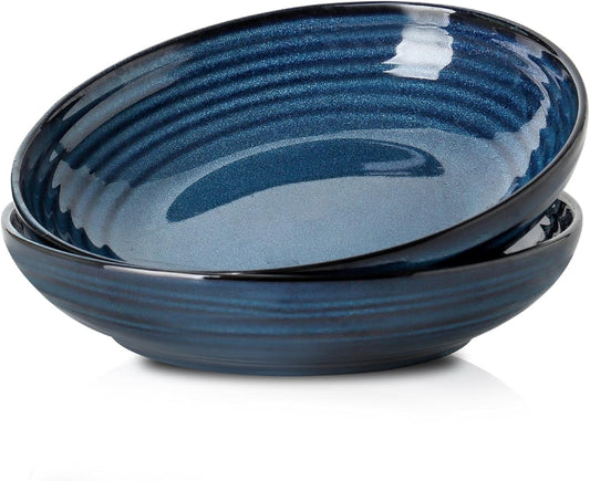 Hasense Pasta Bowls Set of 2, 32 Oz Porcelain Shallow Dinner Bowls for Salad, Soup, Home Gift - Dishwasher & Microwave Safe, Blue