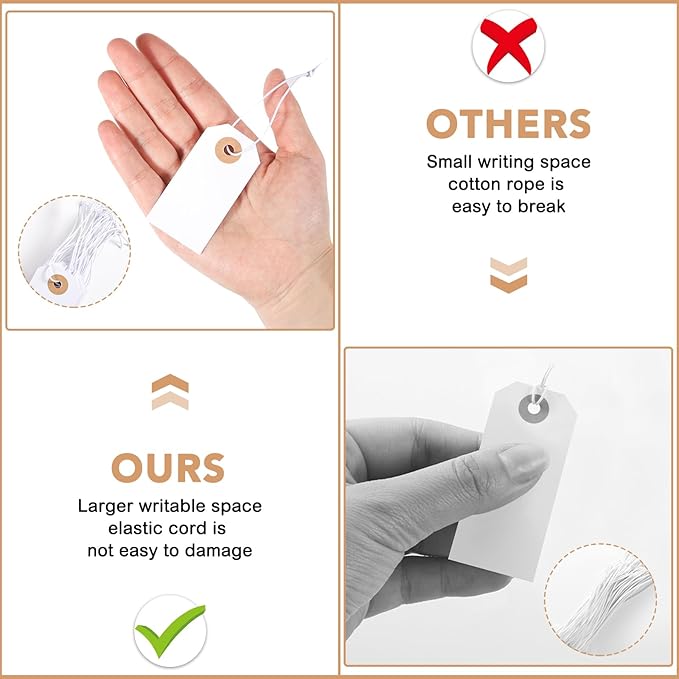 Prudiut 100 Pack Gift Tags with Elastic String White Price Tags Marking Hang Tag Attached Reinforced Hole Writable for Valentine's Day Gifts Inventory Tag 2.75'' x1.37''