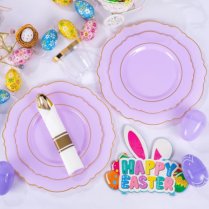 Liacere 175PCS Purple Plastic Plates-Disposable Lavender Plates 25guest Baroque Plastic Dinnerware include 50Plates, 25Pack Pre Rolled Napkins with Silverware 25Cups for Galentines Day&Easter Day