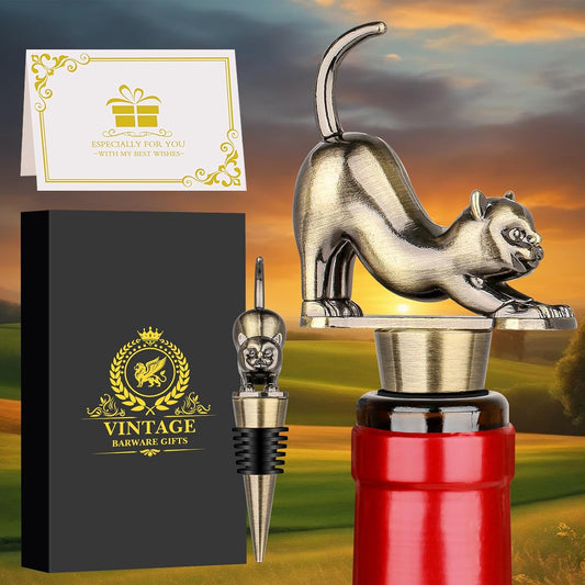 LKKCHER Cat Wine Bottle Stopper, Cat Gifts for Cats Lovers Women Men, Birthday Mothers Day Fathers Day Christmas Gifts for Women Men, Bronze with Gift Box