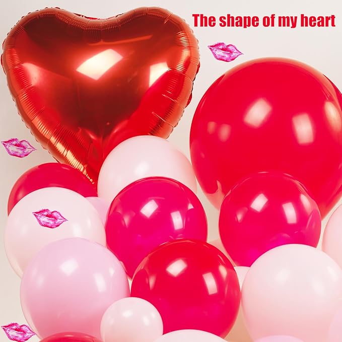 Red Pink balloon garland arch kit 125pcs with Bow and arrow XXOO lip heart shaped balloons for Girls Galentines Valentine's Day Wedding Bachelorette Engagement Anniversary Party decorations (Red Pink)
