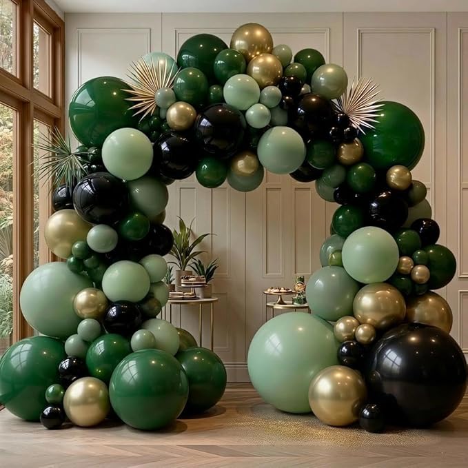 Green Black Balloon Arch, Double Stuffed Dark Sage Light Green Gold Balloon Garland for Birthday Baby Shower Graduation Jungle St Patricks Day Party Decorations