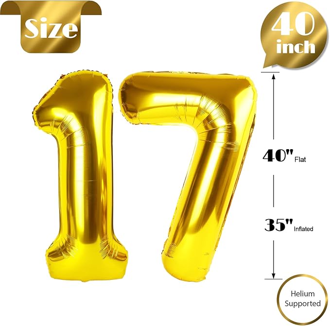 Gold Number 17 Balloon 40 inch, 17 Number Balloons, 17th Gold Birthday Decorations, 17 Year Old Girls Boys Golden Party Supplies