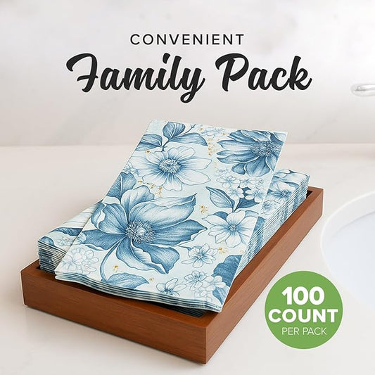SimuLinen Blue Garden Floral Disposable Hand Towels for Bathroom, Single-Use Linen-Feel Guest Towels, Hand Tissue Paper, Cloth-Like Paper Napkins, Pack of 500