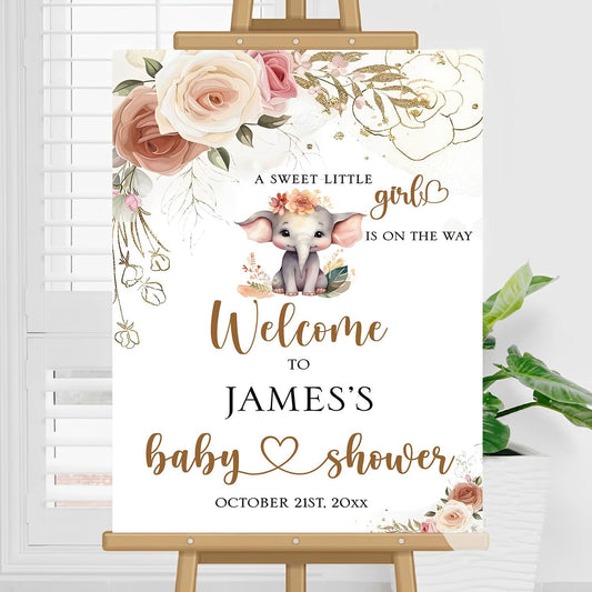 Personalized Baby Shower Sign For Girl, Floral Baby Shower Welcome Sign, Wildflower Baby Shower Sign Decorations, Flower Baby Shower Decor, Pink Elephant Baby Shower Sign
